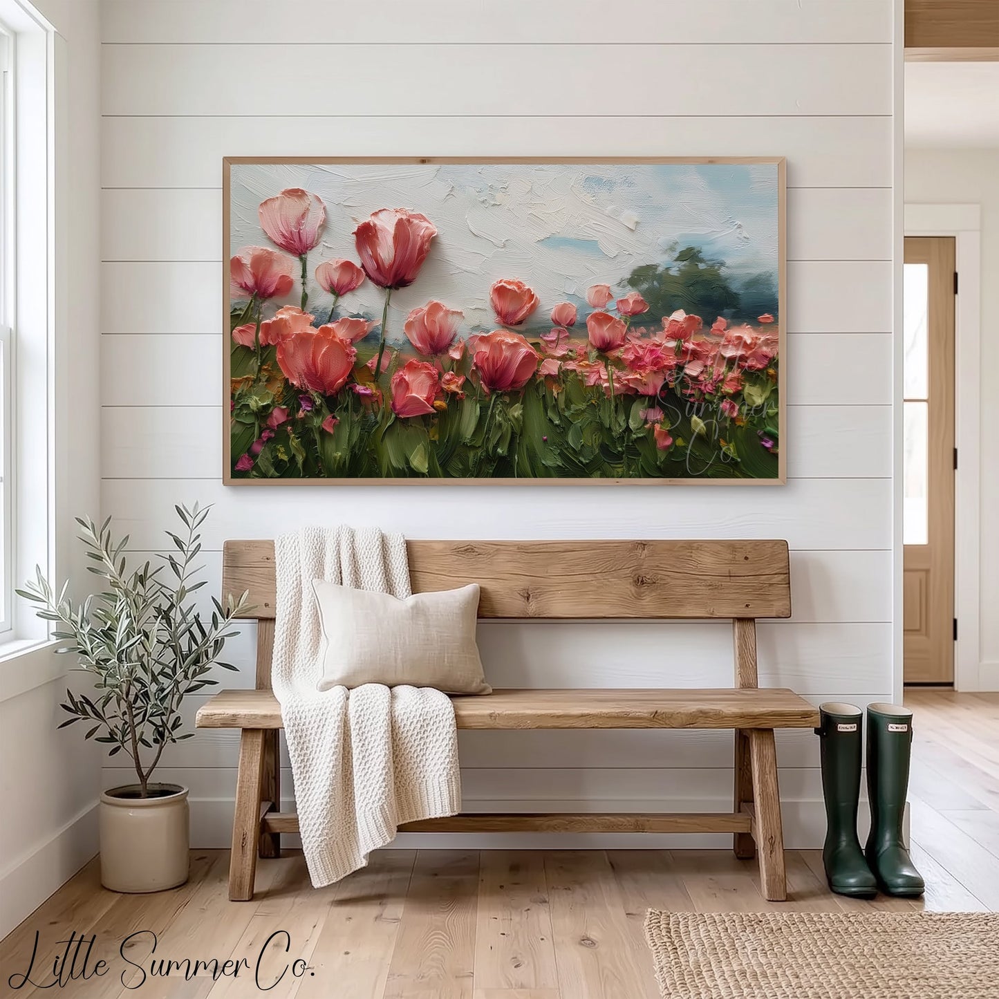 Pink Poppy Field Frame TV Art displayed on a TV
