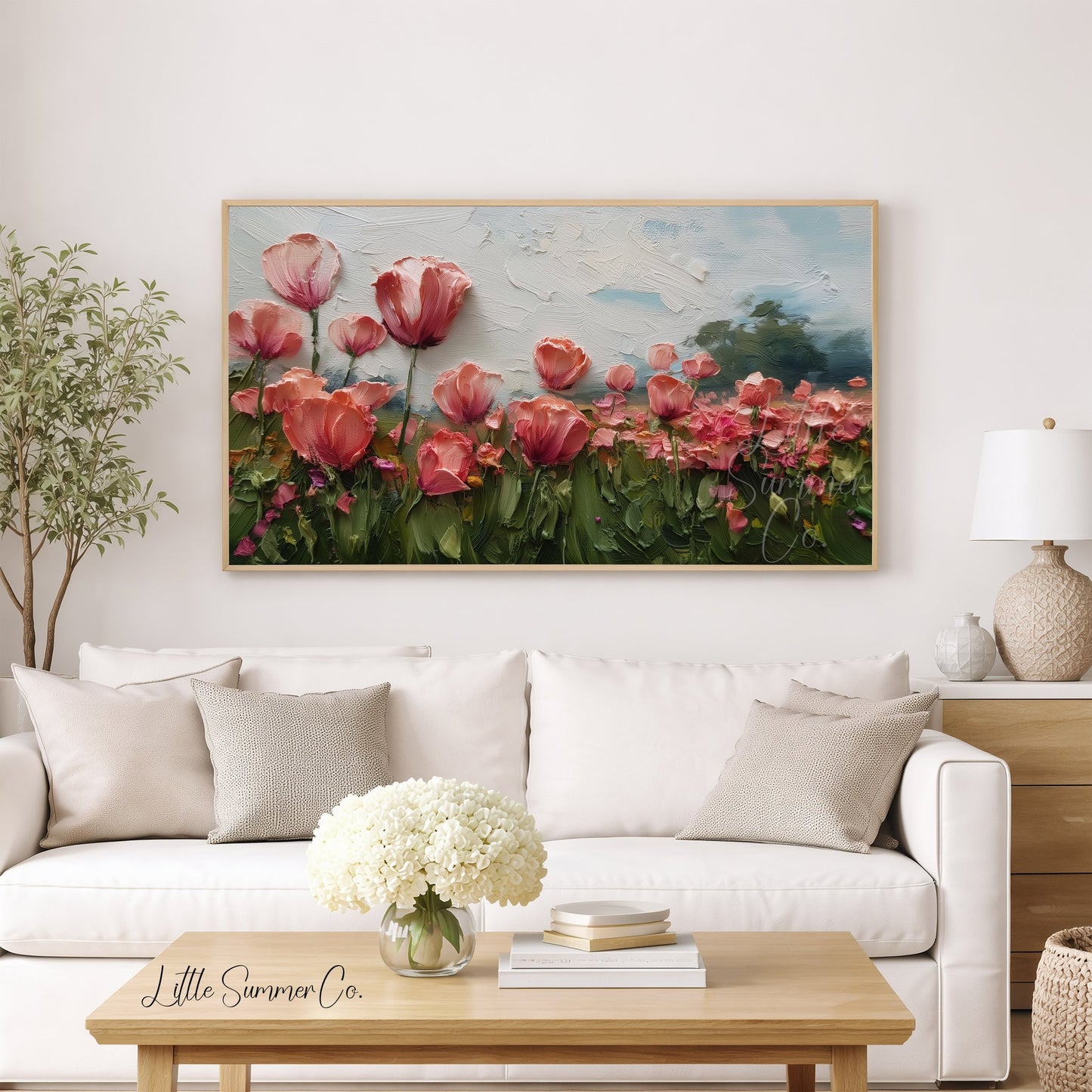 Pink Poppy Field Frame TV Art displayed on a TV