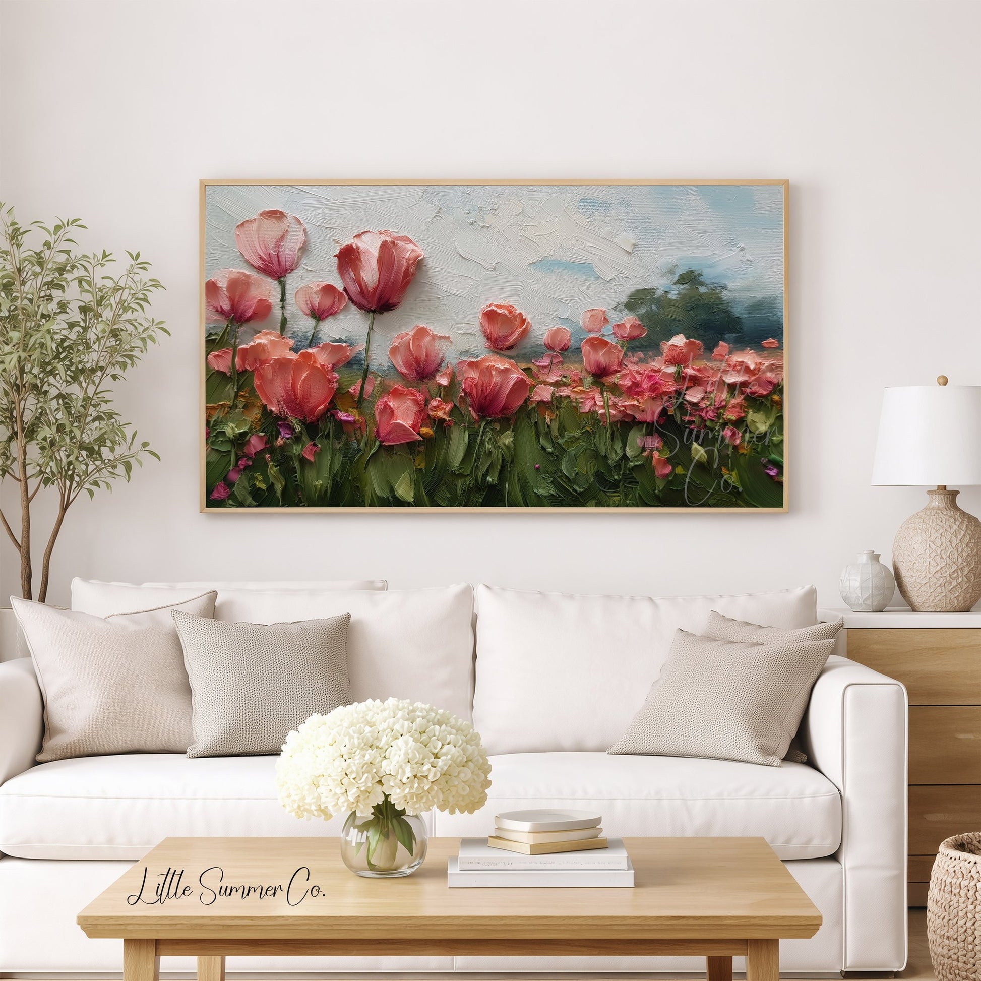 Pink Poppy Field Frame TV Art displayed on a TV