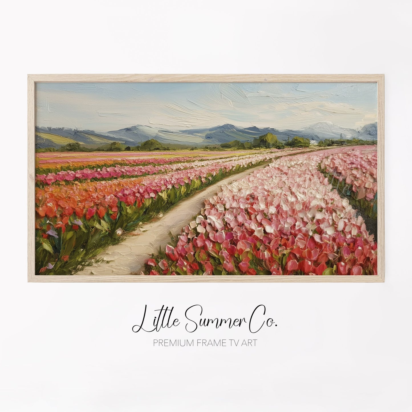 Colourful Tulip Field with Mountains Frame TV Art displayed on a TV