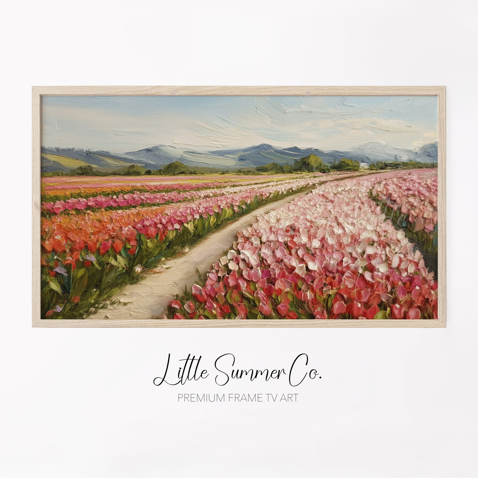 Colourful Tulip Field with Mountains Frame TV Art displayed on a TV