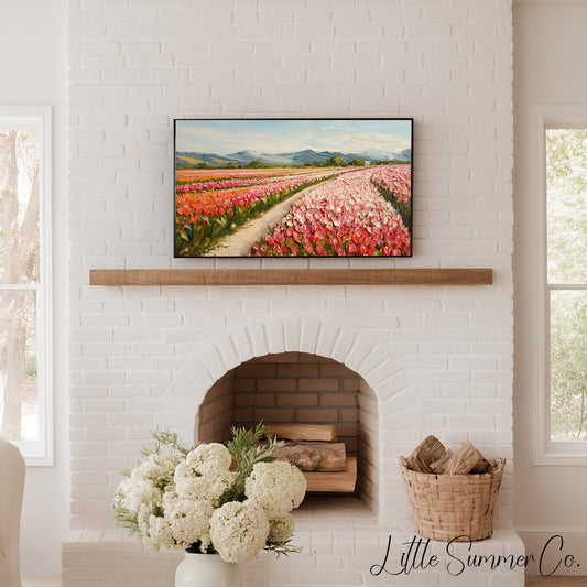 Colourful Tulip Field with Mountains Frame TV Art displayed on a TV