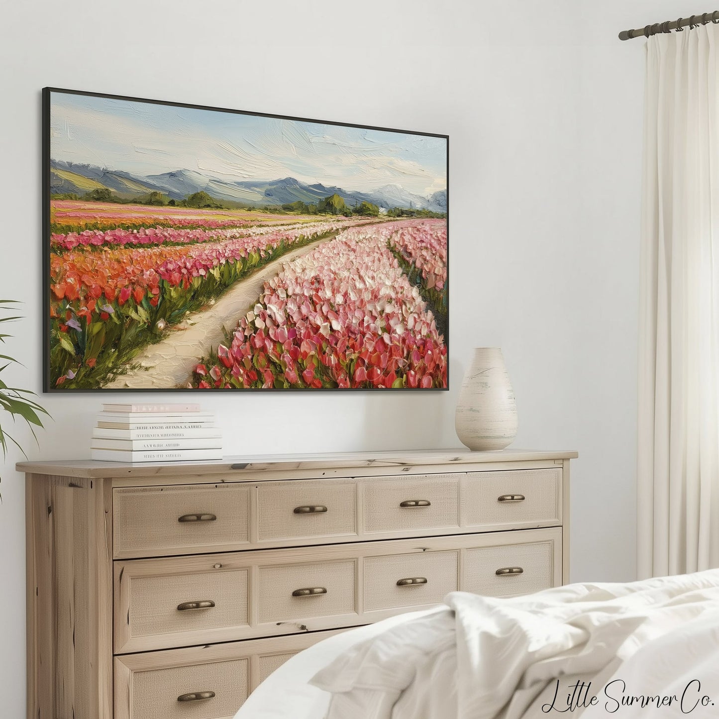 Colourful Tulip Field with Mountains Frame TV Art displayed on a TV