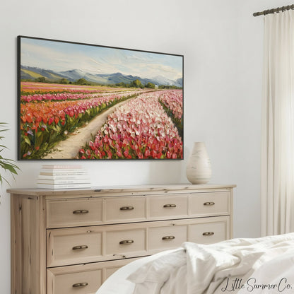 Colourful Tulip Field with Mountains Frame TV Art displayed on a TV