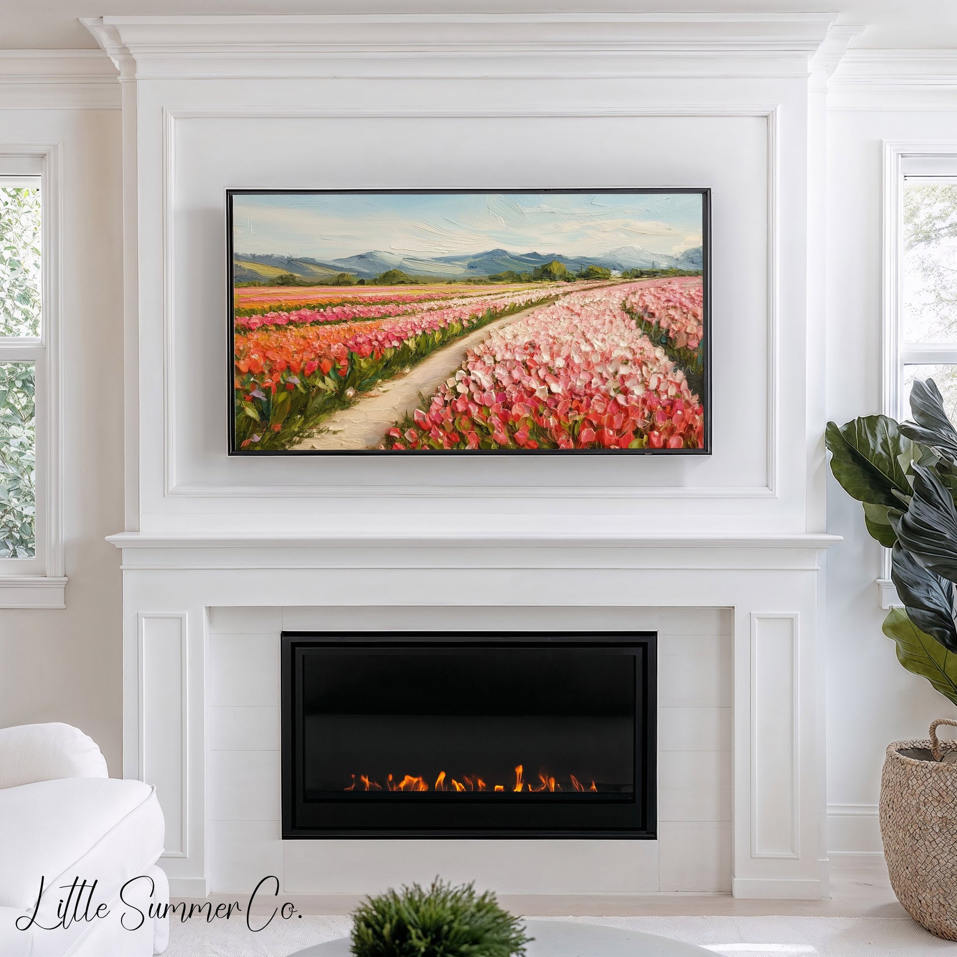 Colourful Tulip Field with Mountains Frame TV Art displayed on a TV