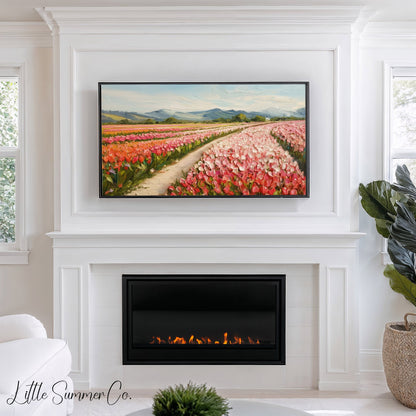 Colourful Tulip Field with Mountains Frame TV Art displayed on a TV