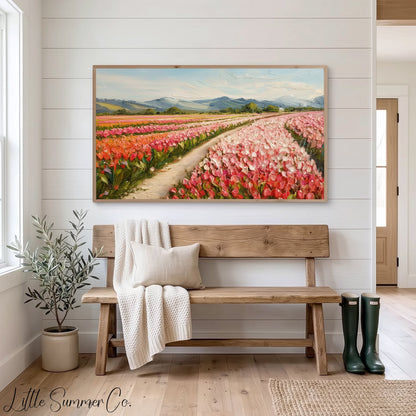 Colourful Tulip Field with Mountains Frame TV Art displayed on a TV