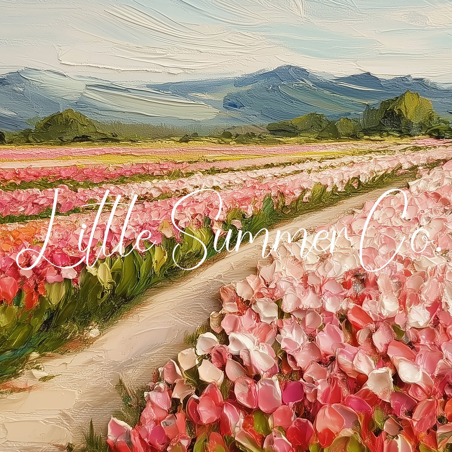 Colourful Tulip Field with Mountains Frame TV Art displayed on a TV