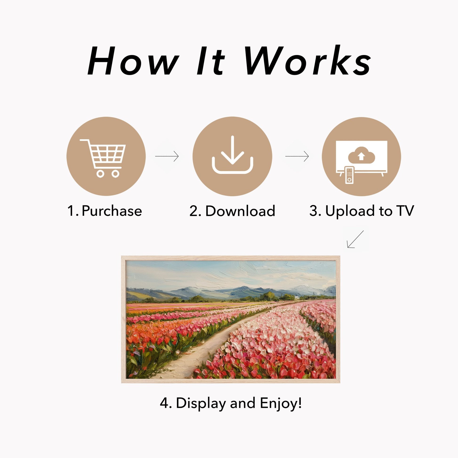 Colourful Tulip Field with Mountains Frame TV Art displayed on a TV