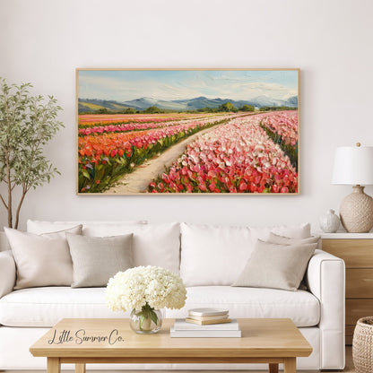 Colourful Tulip Field with Mountains Frame TV Art displayed on a TV
