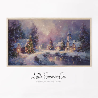 Snowy Christmas Village at Night Frame TV Art displayed on a TV