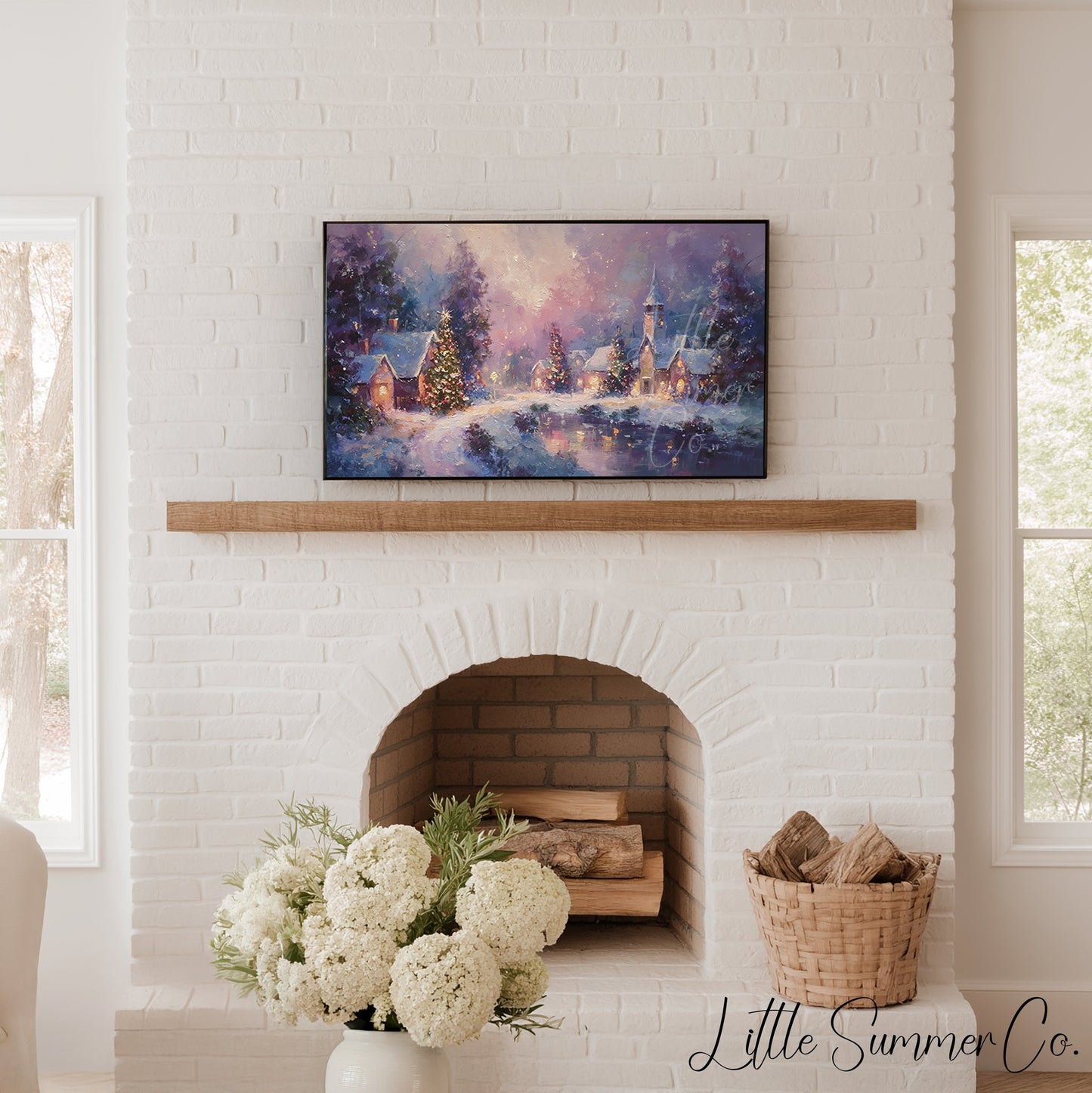 Snowy Christmas Village at Night Frame TV Art displayed on a TV