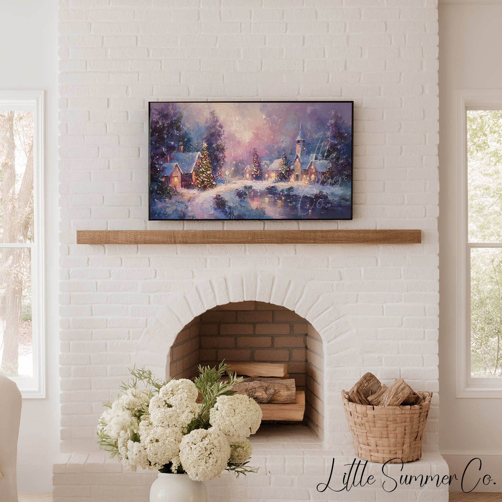 Snowy Christmas Village at Night Frame TV Art displayed on a TV