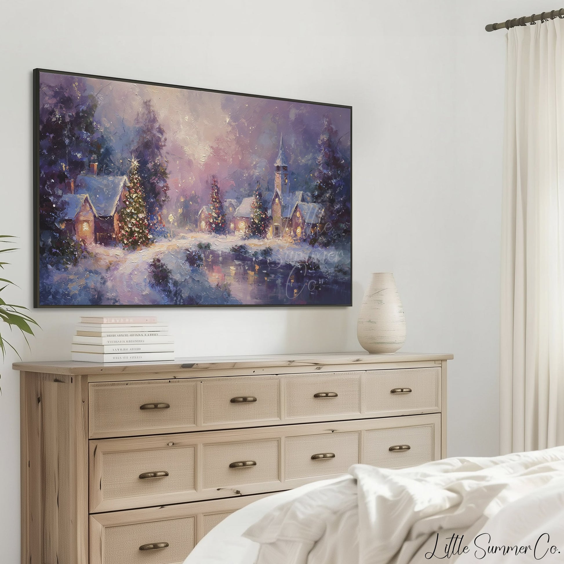 Snowy Christmas Village at Night Frame TV Art displayed on a TV