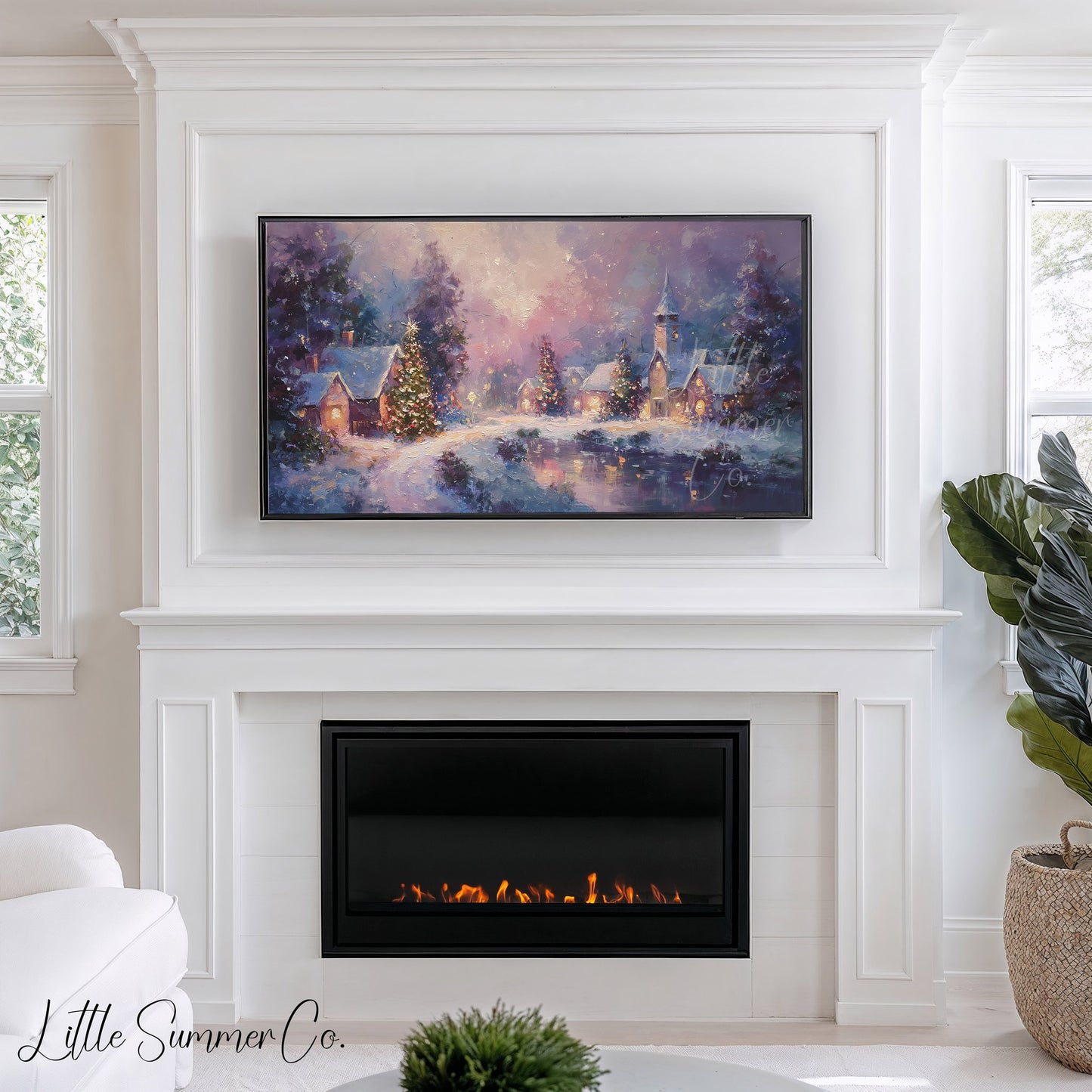 Snowy Christmas Village at Night Frame TV Art displayed on a TV