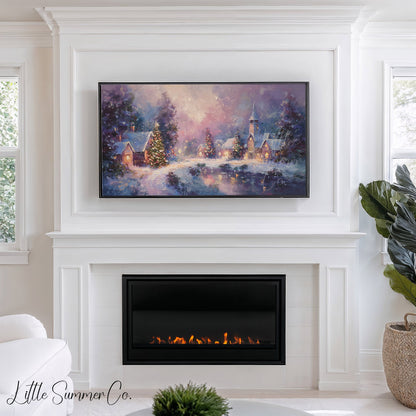 Snowy Christmas Village at Night Frame TV Art displayed on a TV