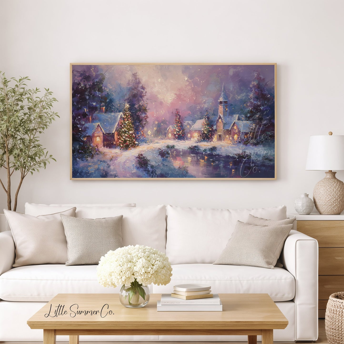 Snowy Christmas Village at Night Frame TV Art displayed on a TV