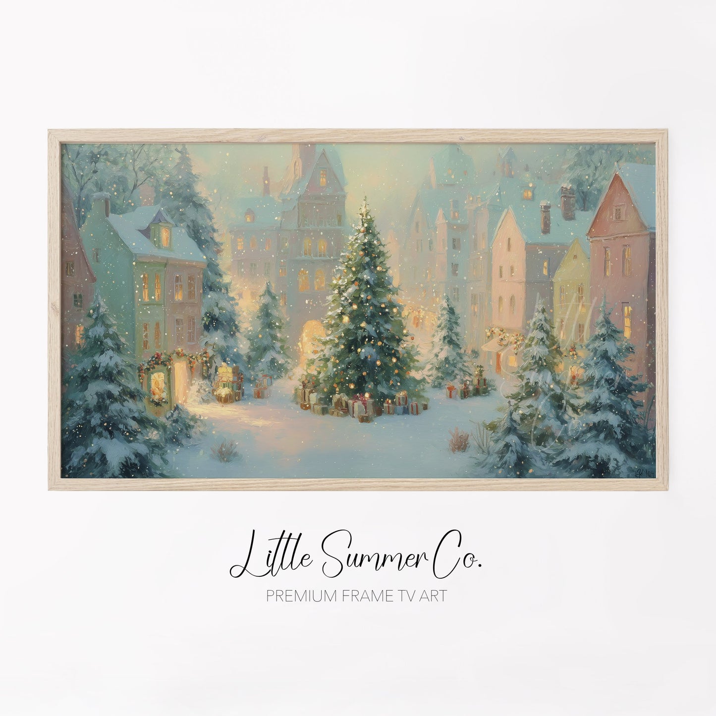Snowy Christmas Town Square Frame TV Art displayed on a TV