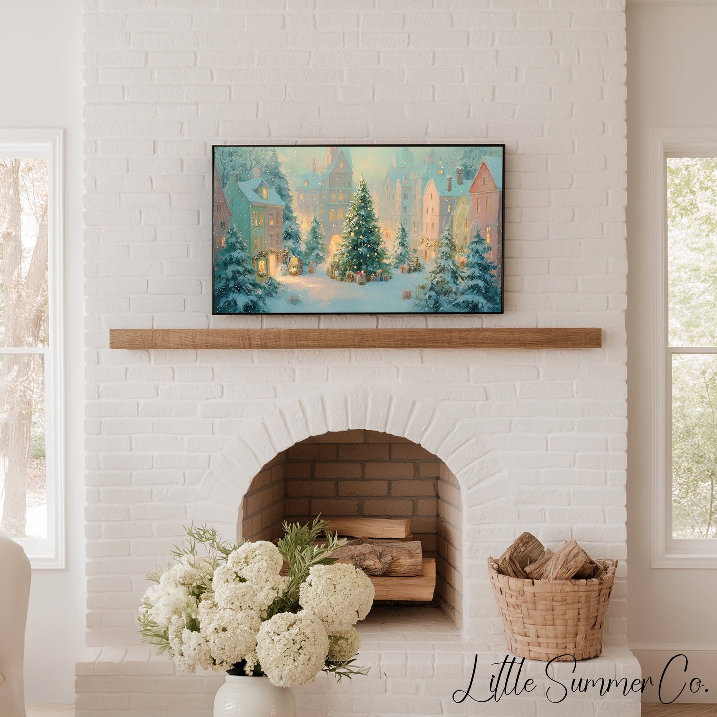 Snowy Christmas Town Square Frame TV Art displayed on a TV