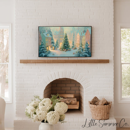 Snowy Christmas Town Square Frame TV Art displayed on a TV