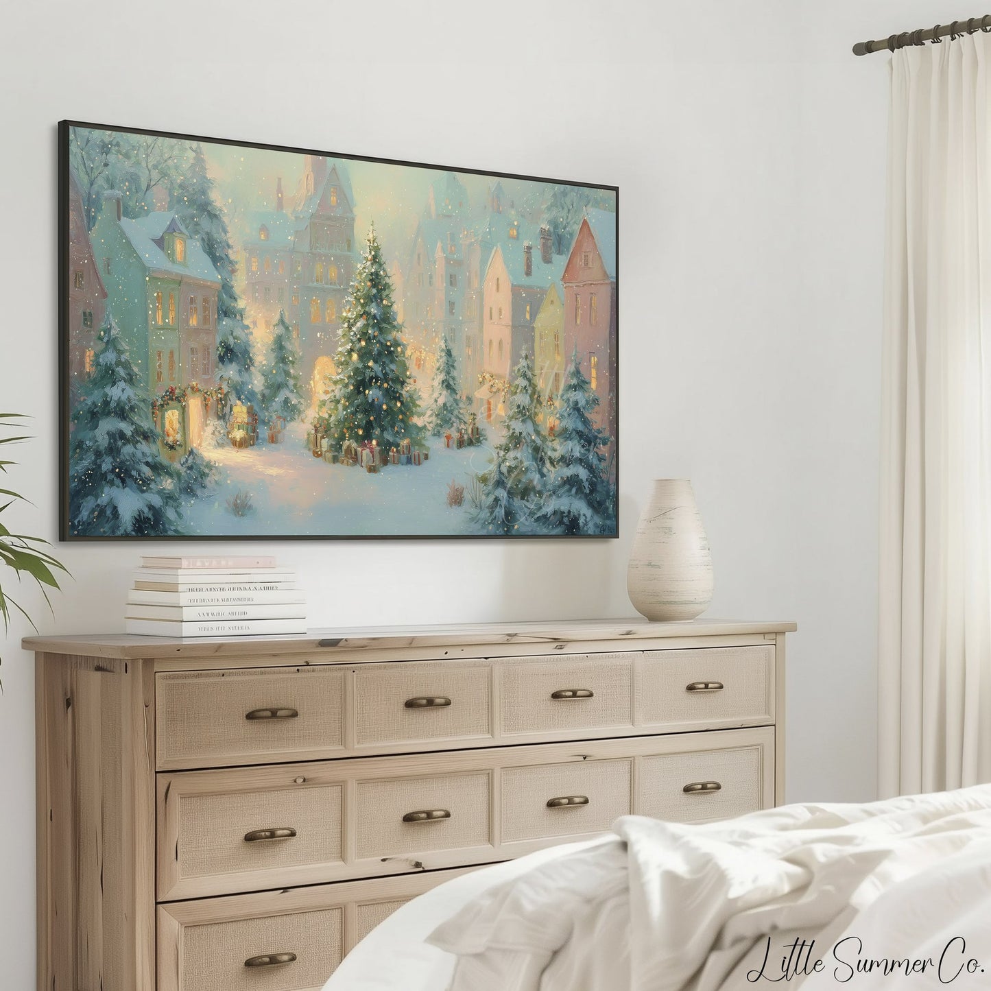 Snowy Christmas Town Square Frame TV Art displayed on a TV