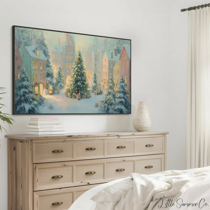 Snowy Christmas Town Square Frame TV Art displayed on a TV