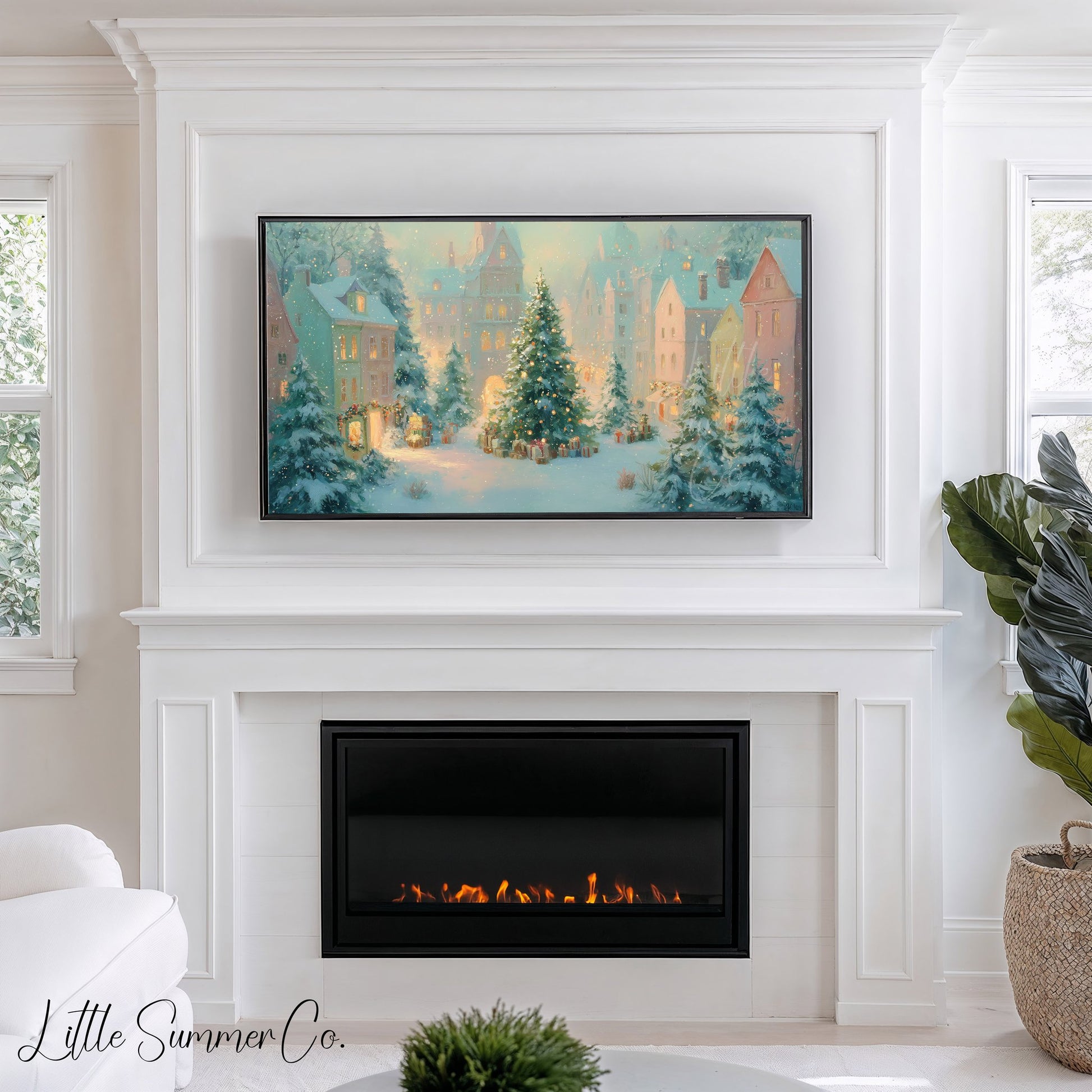 Snowy Christmas Town Square Frame TV Art displayed on a TV