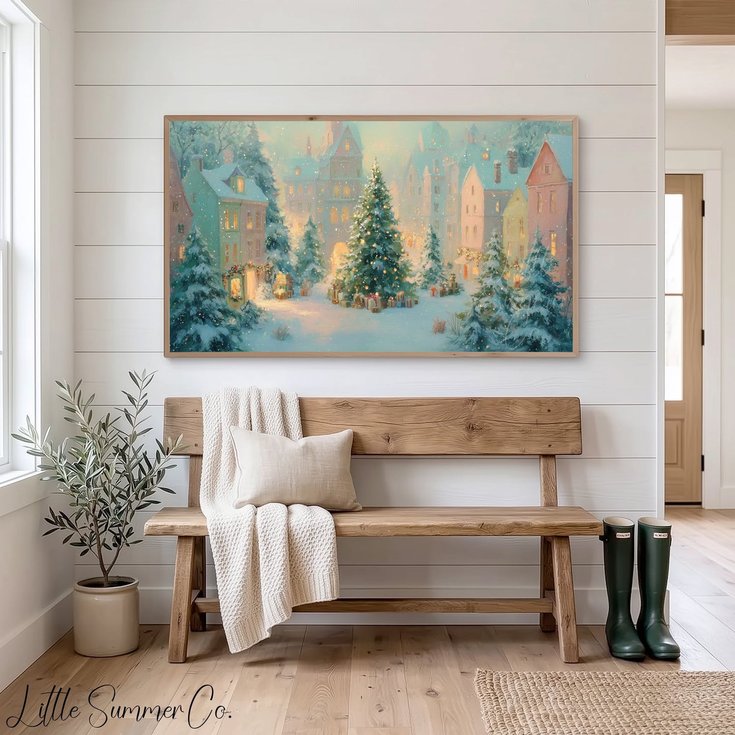 Snowy Christmas Town Square Frame TV Art displayed on a TV