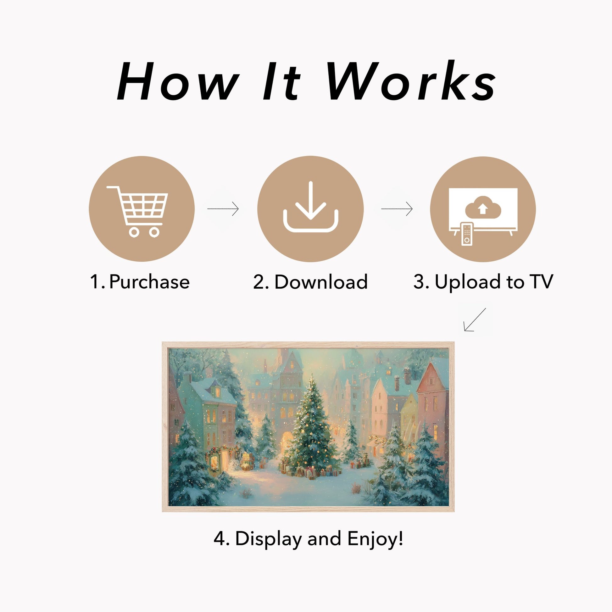 Snowy Christmas Town Square Frame TV Art displayed on a TV