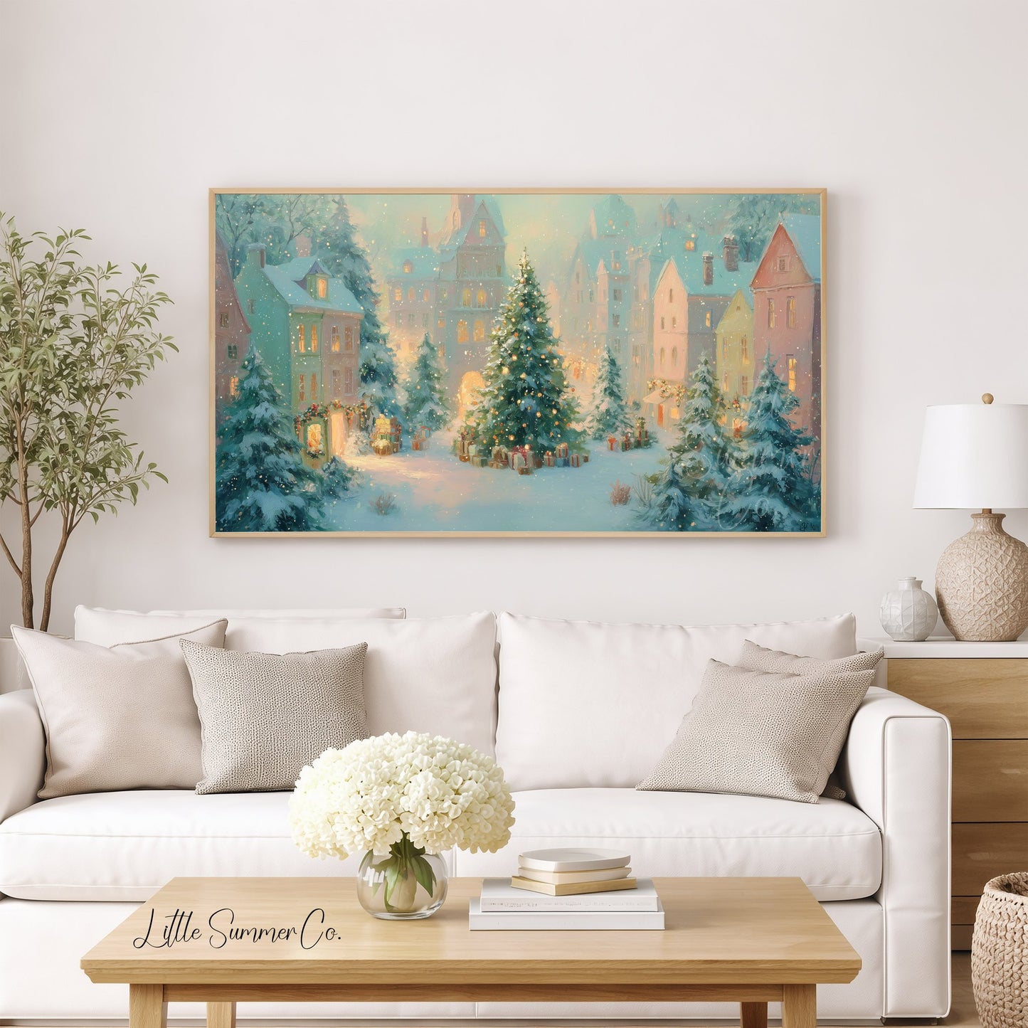 Snowy Christmas Town Square Frame TV Art displayed on a TV