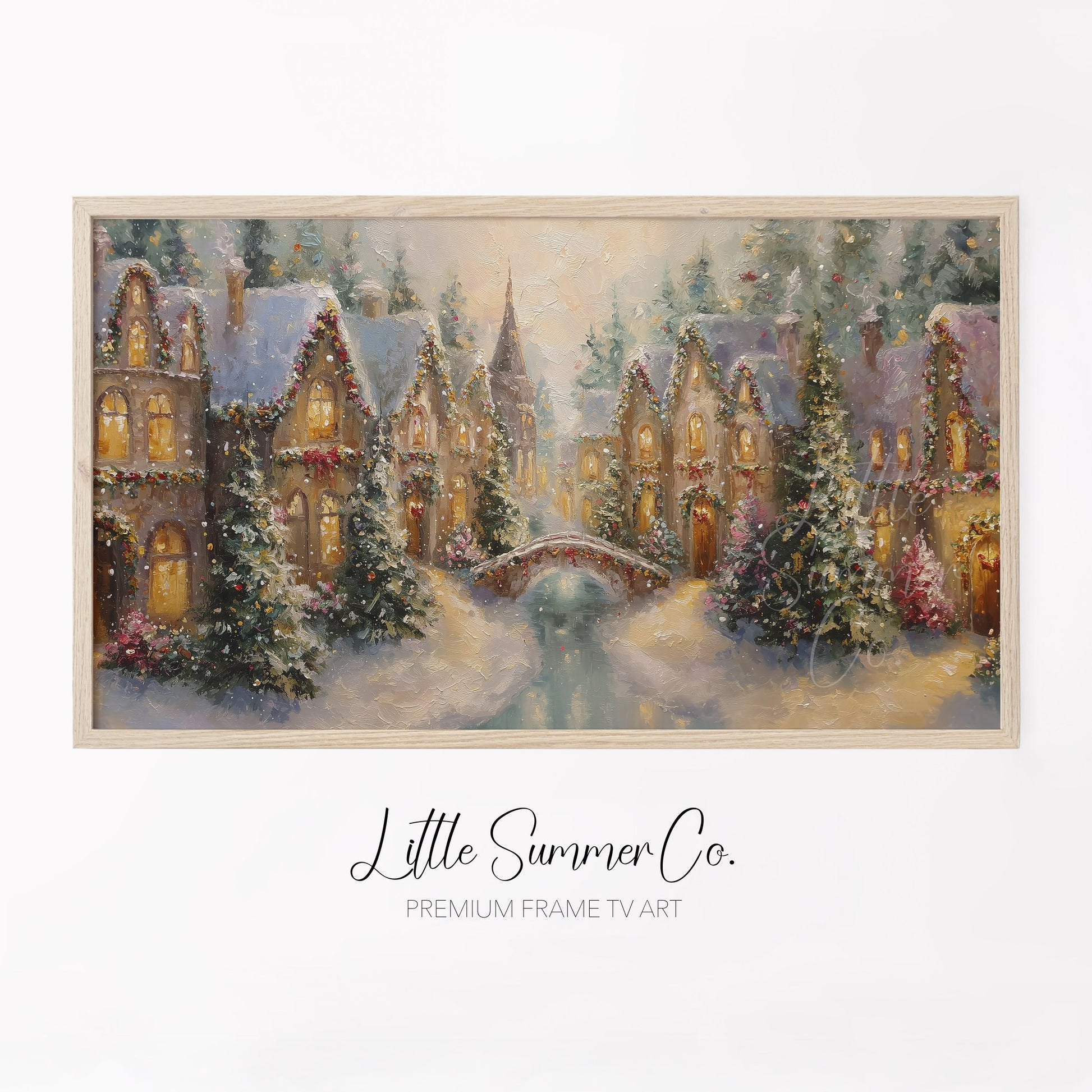 Christmas Village with Snowy Bridge Frame TV Art displayed on a TV