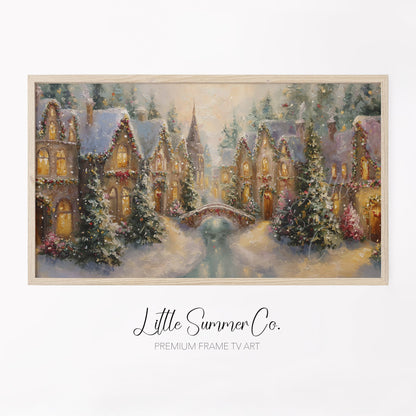 Christmas Village with Snowy Bridge Frame TV Art displayed on a TV