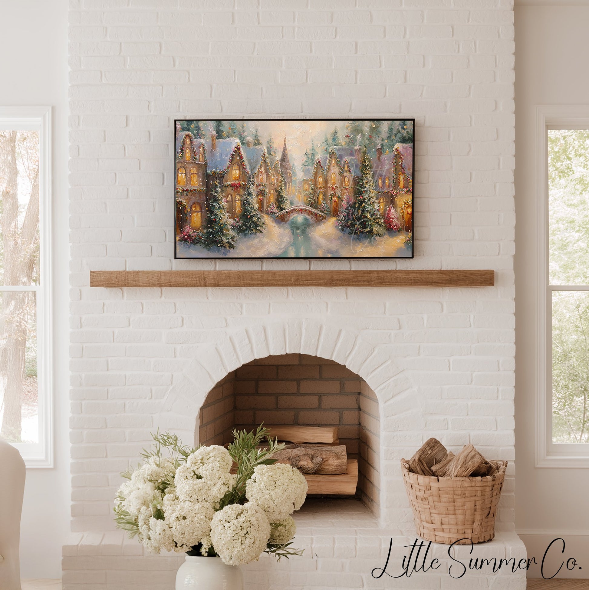 Christmas Village with Snowy Bridge Frame TV Art displayed on a TV