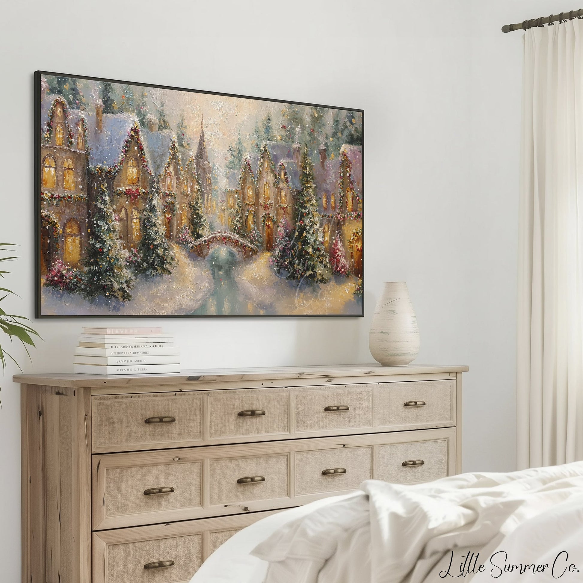 Christmas Village with Snowy Bridge Frame TV Art displayed on a TV