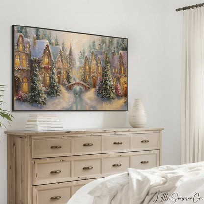 Christmas Village with Snowy Bridge Frame TV Art displayed on a TV