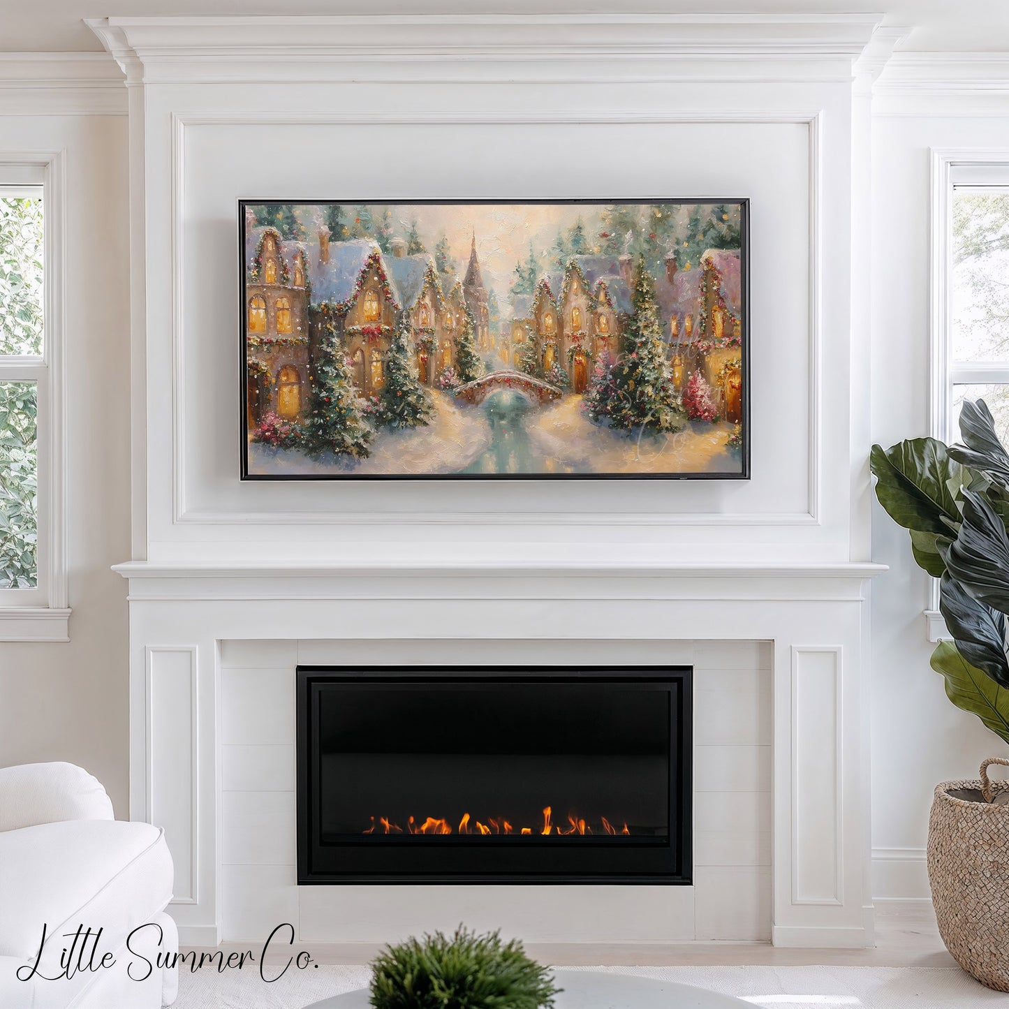Christmas Village with Snowy Bridge Frame TV Art displayed on a TV