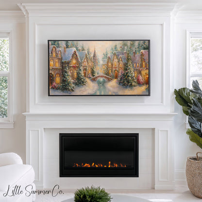 Christmas Village with Snowy Bridge Frame TV Art displayed on a TV