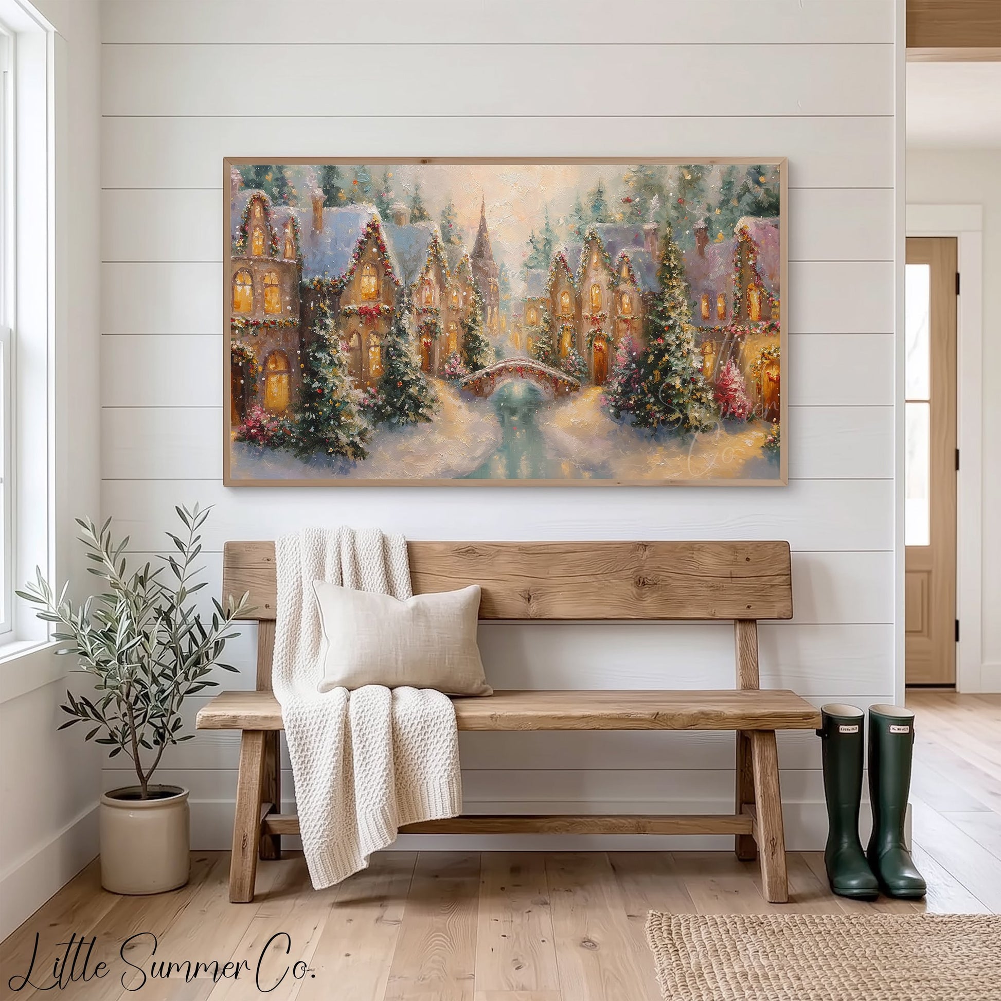 Christmas Village with Snowy Bridge Frame TV Art displayed on a TV