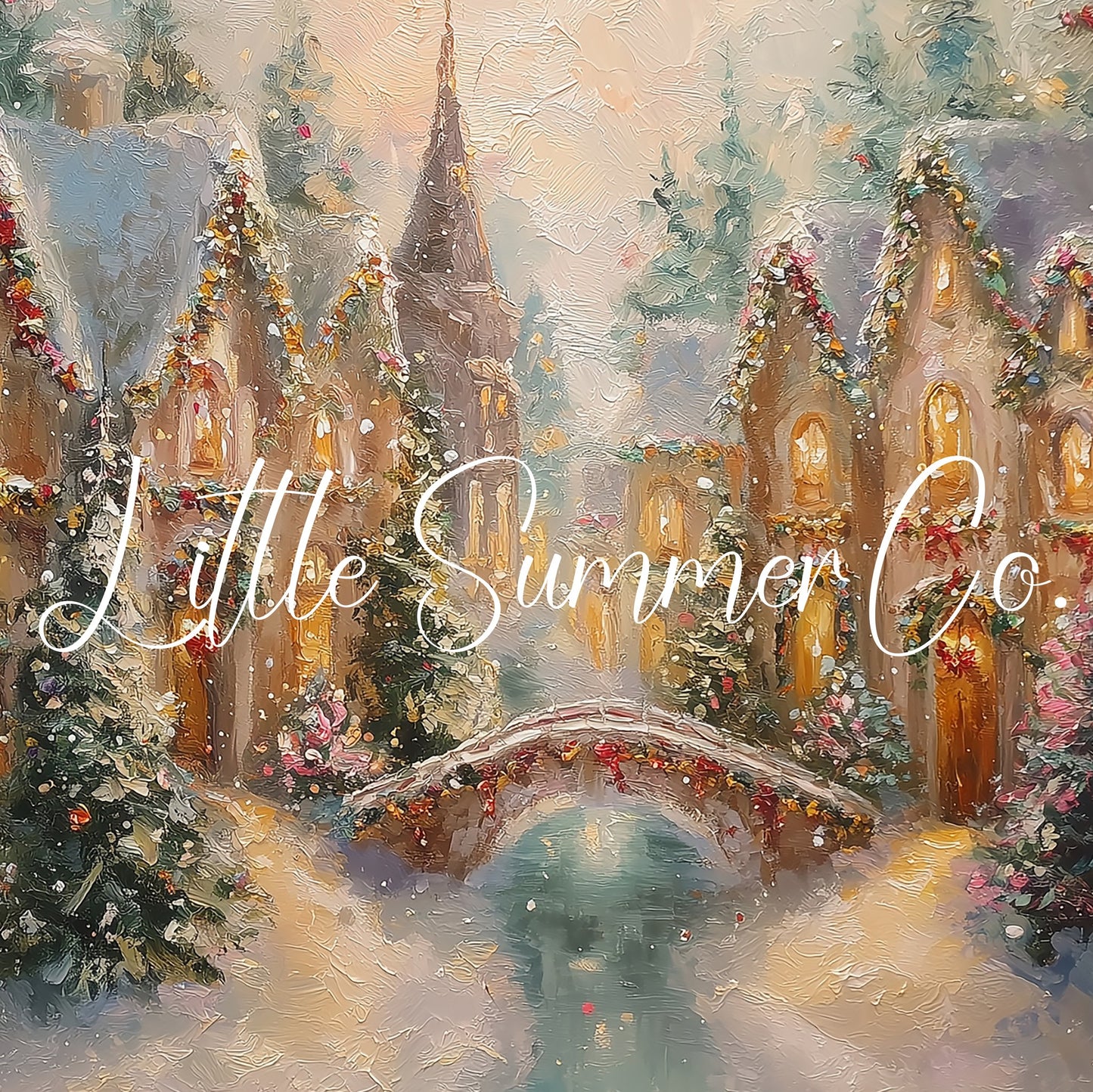 Christmas Village with Snowy Bridge Frame TV Art displayed on a TV