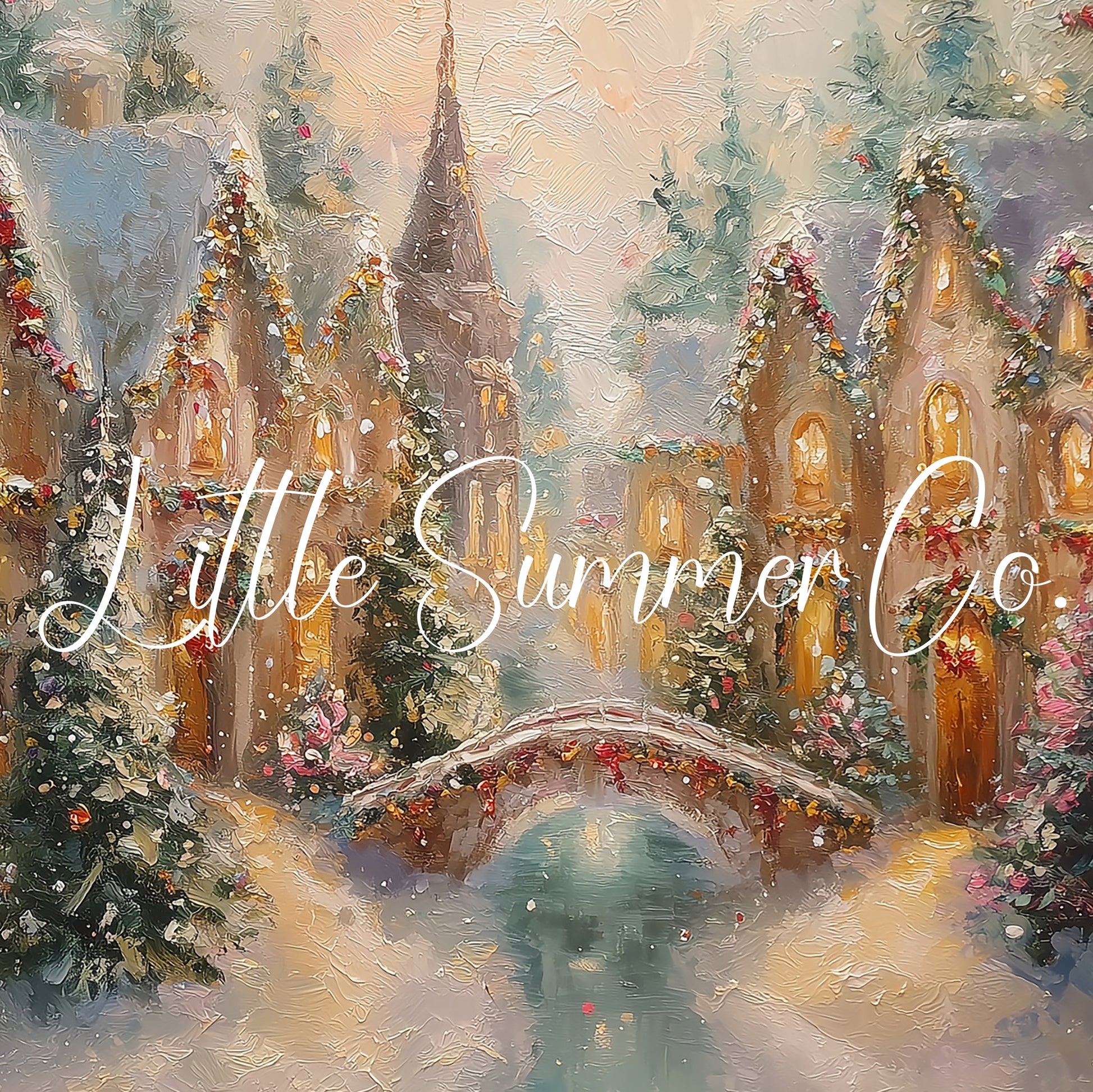 Christmas Village with Snowy Bridge Frame TV Art displayed on a TV