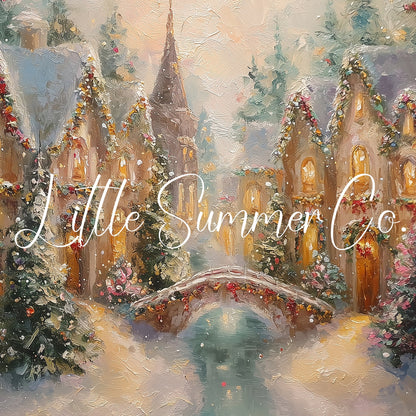 Christmas Village with Snowy Bridge Frame TV Art displayed on a TV