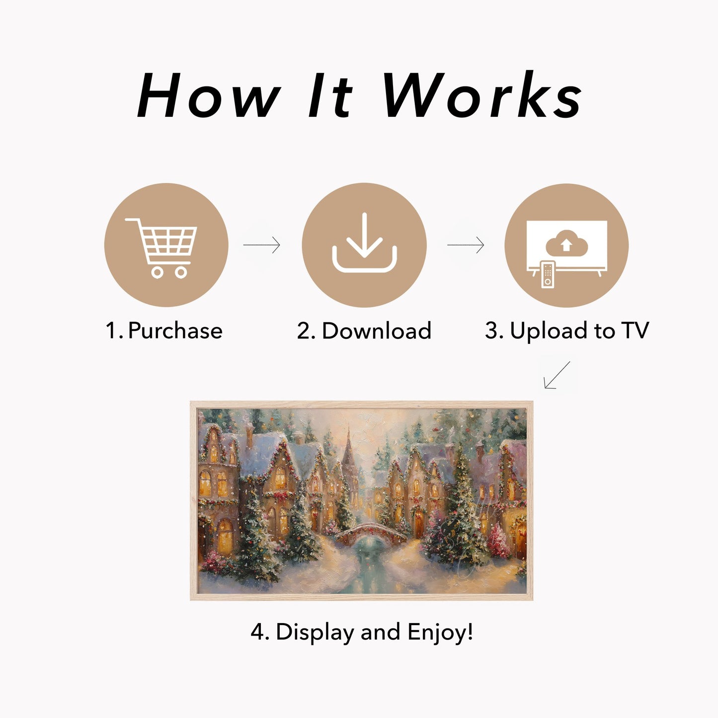 Christmas Village with Snowy Bridge Frame TV Art displayed on a TV