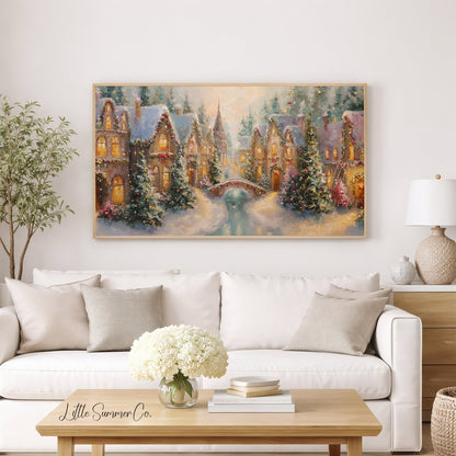 Christmas Village with Snowy Bridge Frame TV Art displayed on a TV