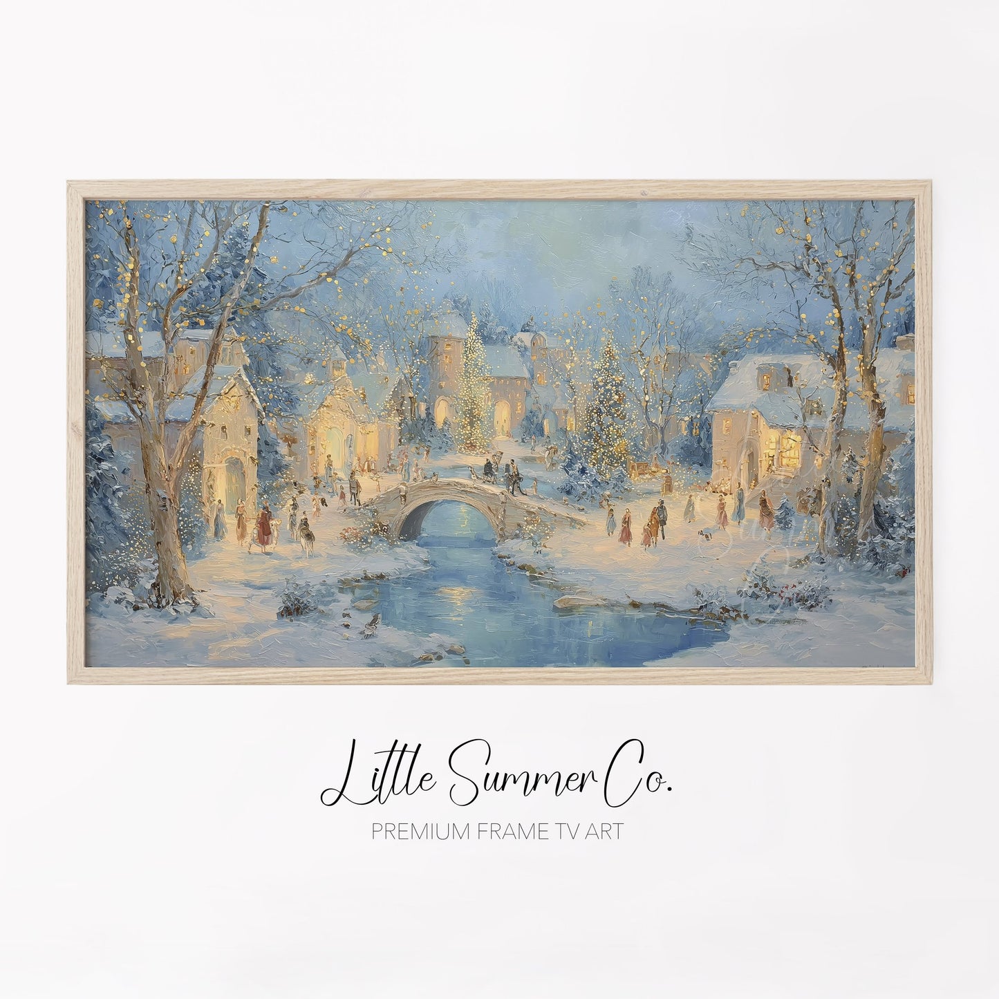Snowy Christmas Village Bridge Frame TV Art displayed on a TV
