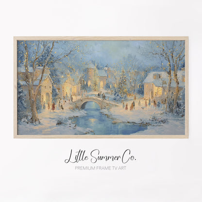 Snowy Christmas Village Bridge Frame TV Art displayed on a TV