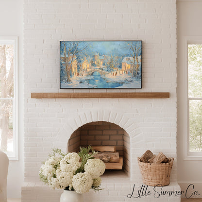 Snowy Christmas Village Bridge Frame TV Art displayed on a TV