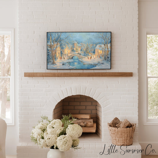 Snowy Christmas Village Bridge Frame TV Art displayed on a TV
