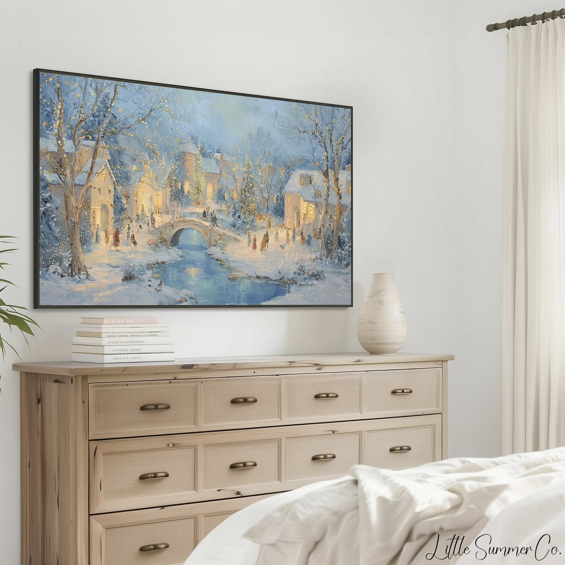 Snowy Christmas Village Bridge Frame TV Art displayed on a TV