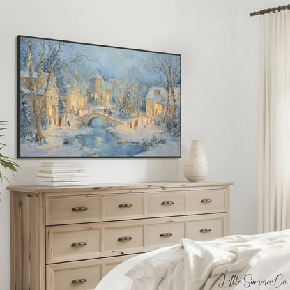 Snowy Christmas Village Bridge Frame TV Art displayed on a TV