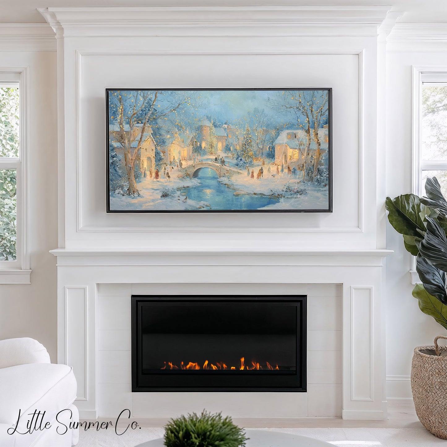 Snowy Christmas Village Bridge Frame TV Art displayed on a TV